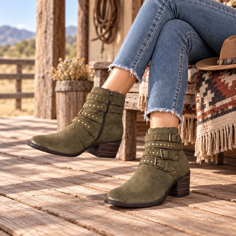 Silent D Eion EU 41 Olive Suede Studded Western Boho Ankle Boots Sundance Outlet